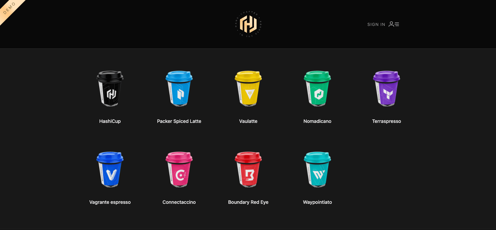 The HashiCups landing page