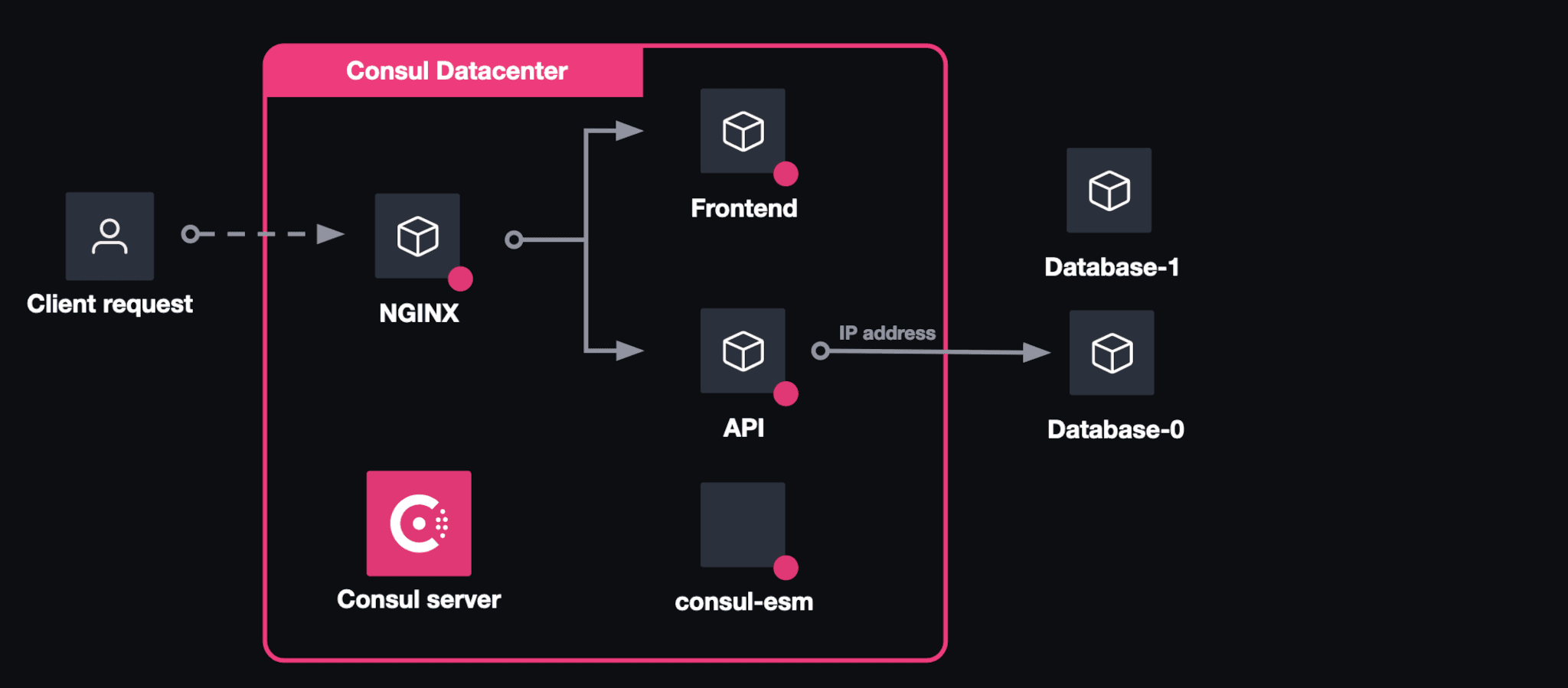 Architecture diagram. Initial state. Two instances of database service run on nodes that are external to the Consul datacenter. The API service in the datacenter communicates with one node using its IP address.