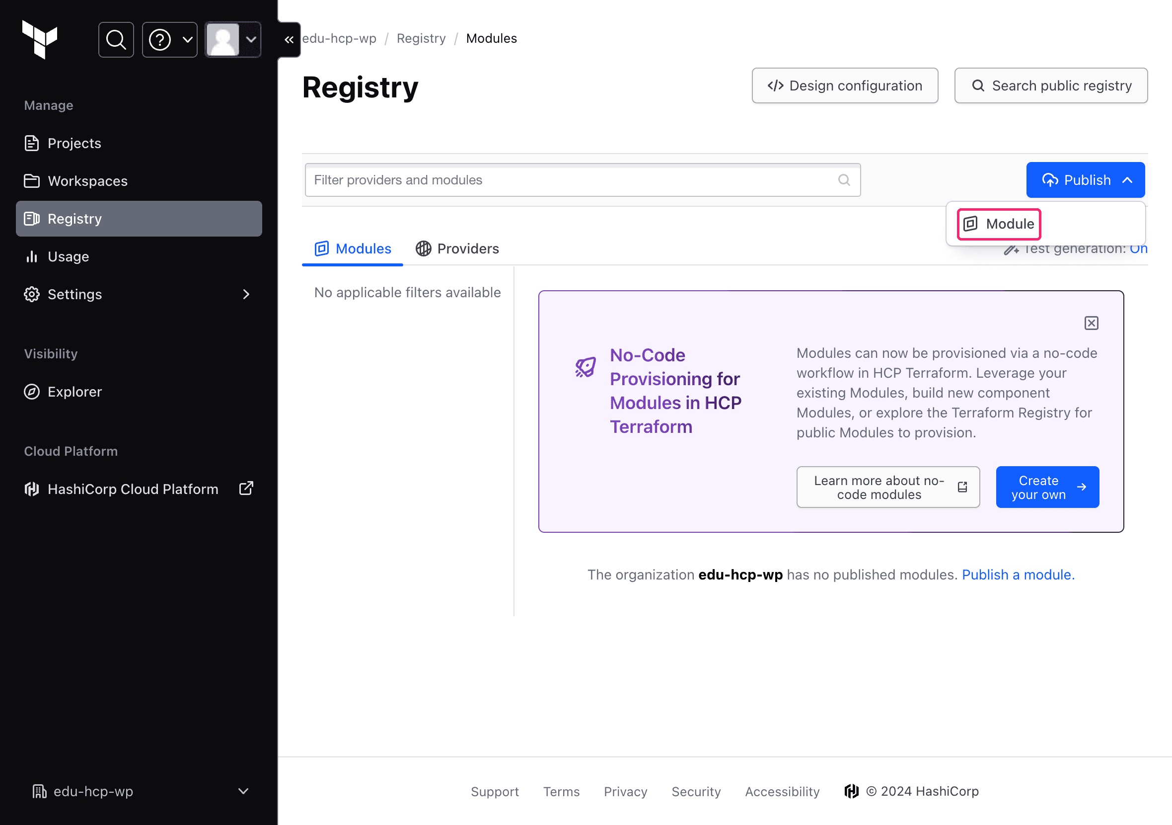 HCP Terraform with the publish module button highlighted